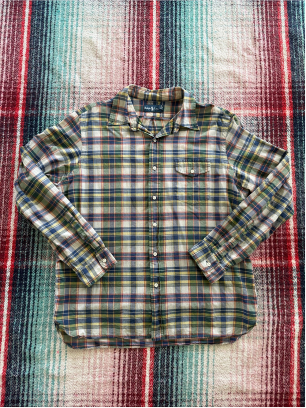 Vintage Ralph Lauren Green/Blue/Yellow Plaid Madras Oxford Button Down Shirt XL